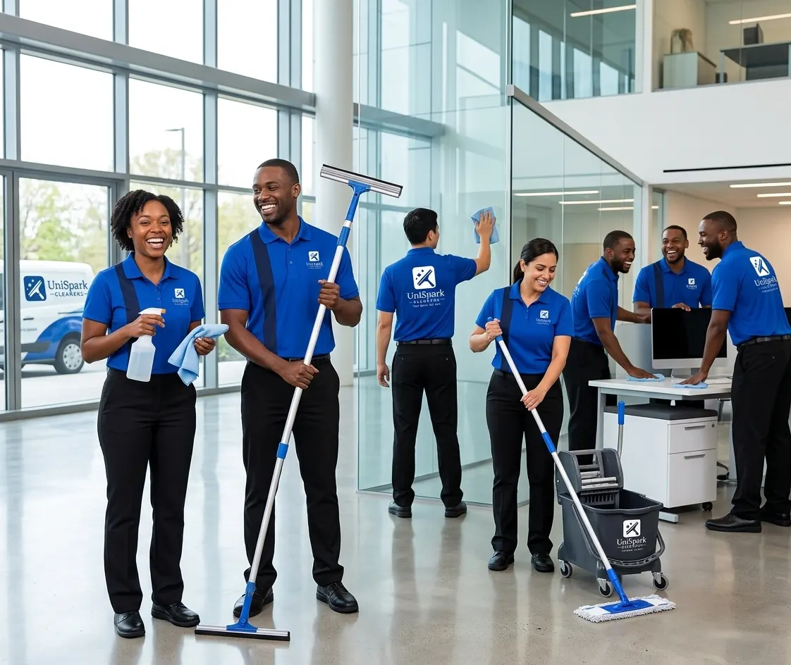UniSpark Cleaners team with cleaning equipment ready for an Airbnb turnover in Nairobi