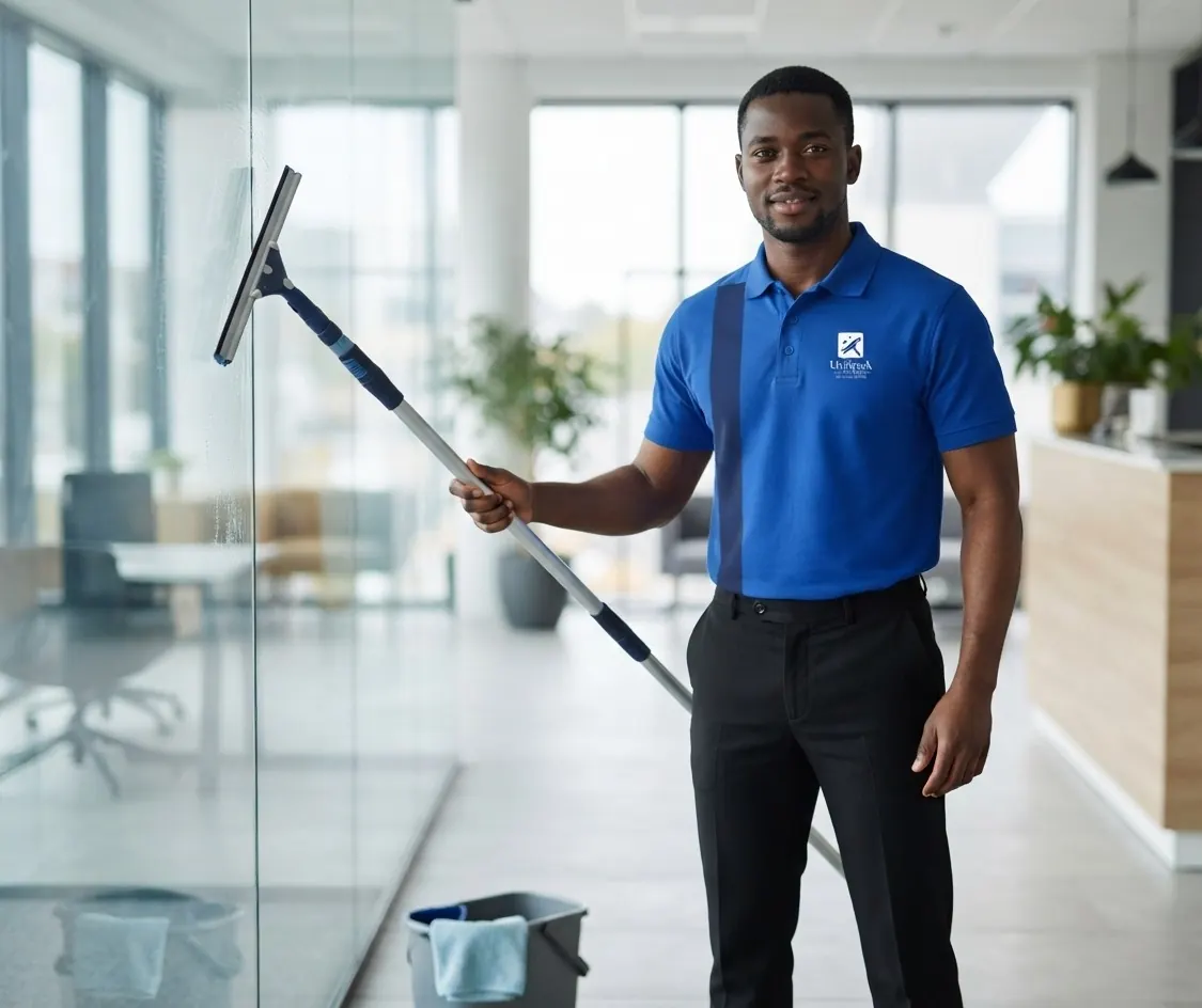 UniSpark cleaner using a professional squeegee on a window during a deep clean
